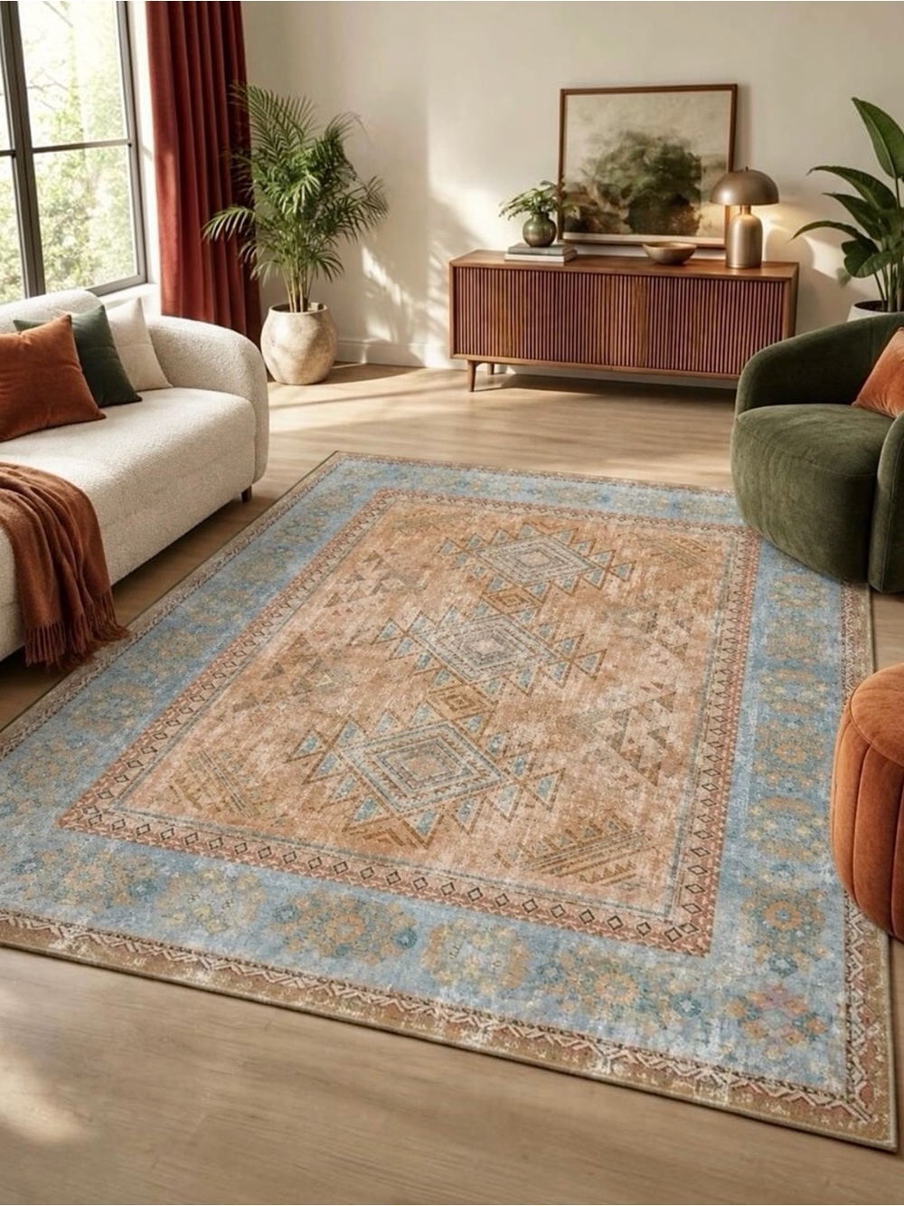 NEW Anthropologie Blue & Orange Moroccan Boho Washable Area Rug Carpet 8' x 10'